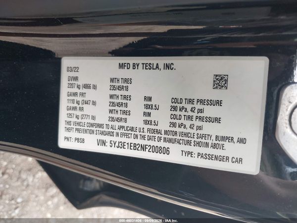 2022 TESLA MODEL 3 — I9