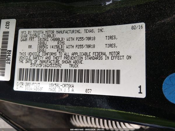 2016 TOYOTA TUNDRA SR5 5.7L V8 — I9