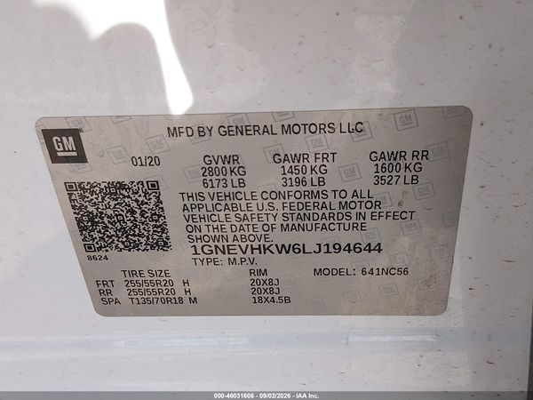 2020 CHEVROLET TRAVERSE AWD LT LEATHER — I9