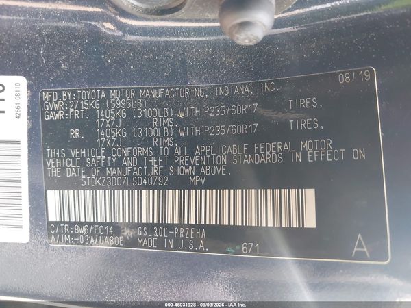 2020 TOYOTA SIENNA LE — I9