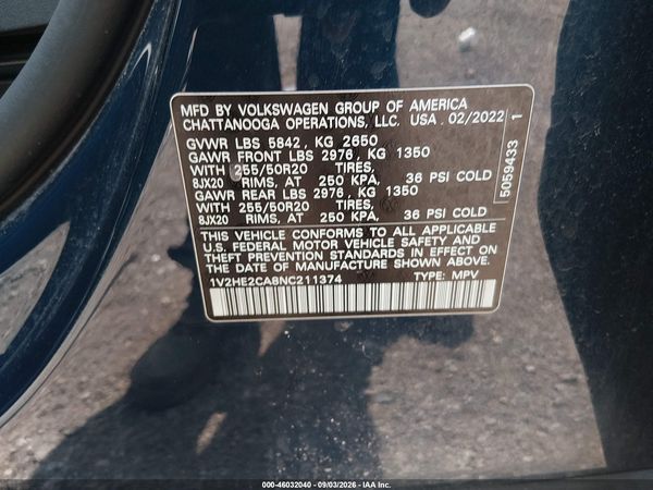 2022 VOLKSWAGEN ATLAS CROSS SPORT 3.6L V6 SE W/TECHNOLOGY — I9