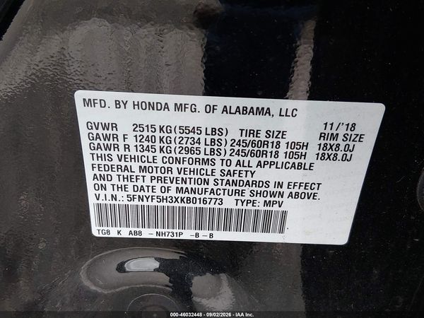 2019 HONDA PILOT EX — I9