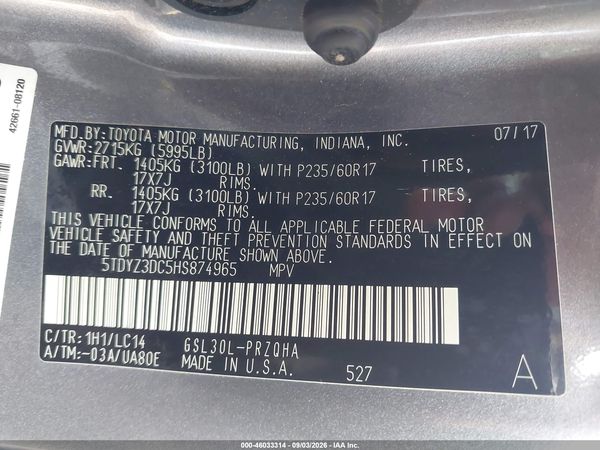 2017 TOYOTA SIENNA XLE PREMIUM 8 PASSENGER