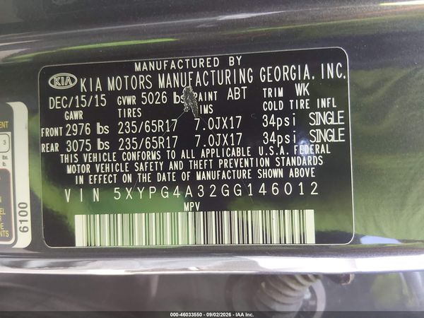 2016 KIA SORENTO 2.4L LX — I9
