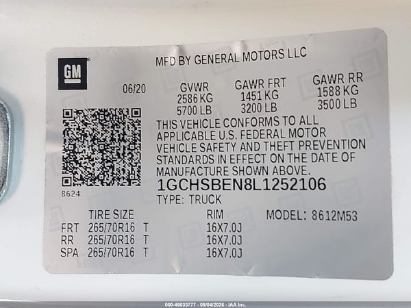 2020 CHEVROLET COLORADO 2WD  LONG BOX WT — I9