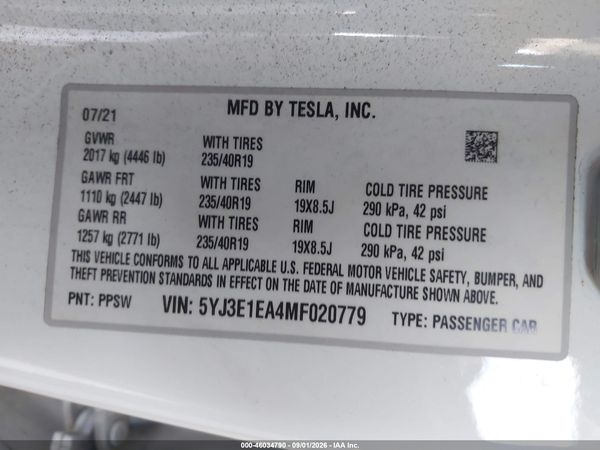 2021 TESLA MODEL 3 — I9