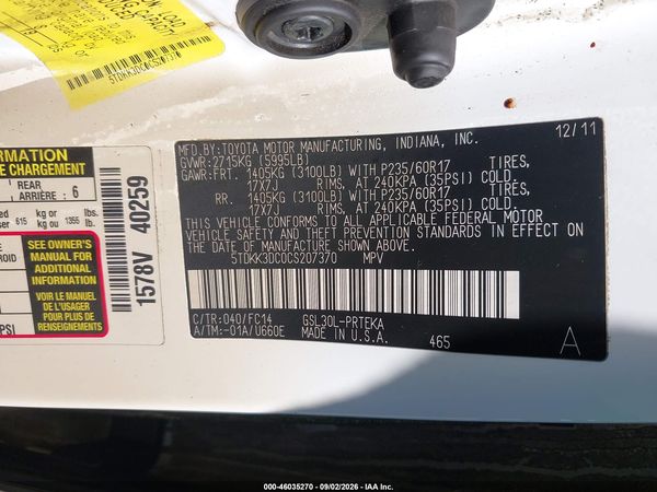 2012 TOYOTA SIENNA LE V6 8 PASSENGER