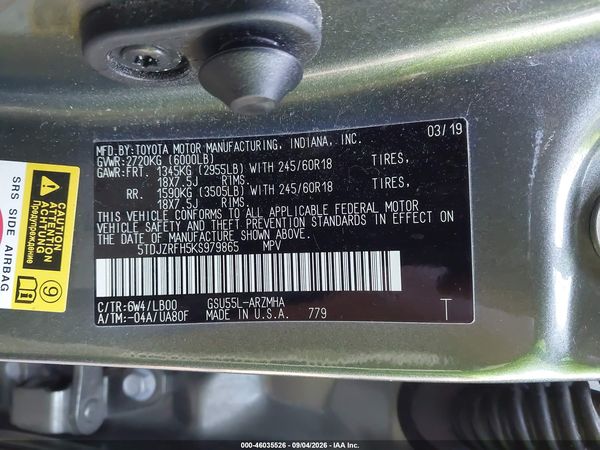 2019 TOYOTA HIGHLANDER XLE — I9
