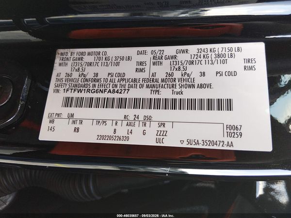 2022 FORD F-150 RAPTOR — I9