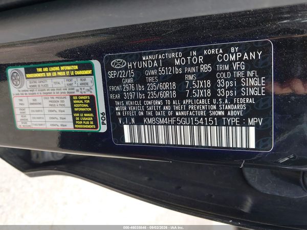 2016 HYUNDAI SANTA FE SE