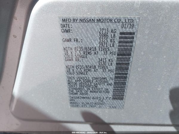 2019 NISSAN PATHFINDER SV