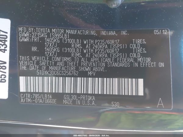 2012 TOYOTA SIENNA XLE V6 8 PASSENGER