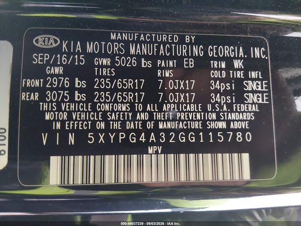 2016 KIA SORENTO 2.4L L — I9