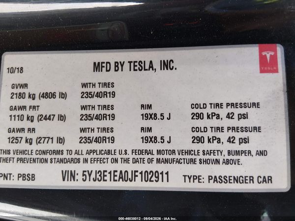 2018 TESLA MODEL 3 LONG RANGE/MID RANGE — I9