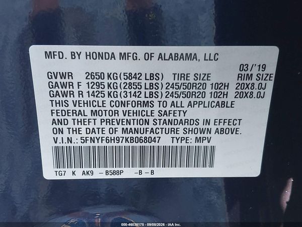 2019 HONDA PILOT TOURING — I9