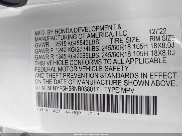 2022 HONDA PILOT 2WD EX-L — I9