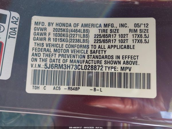 2012 HONDA CR-V EX-L — I9