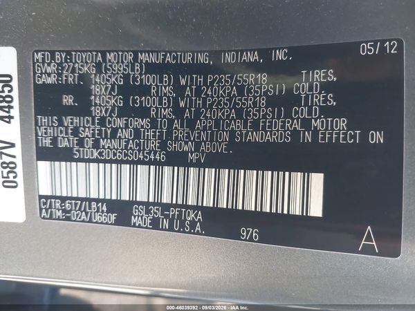 2012 TOYOTA SIENNA XLE 7 PASSENGER — I9