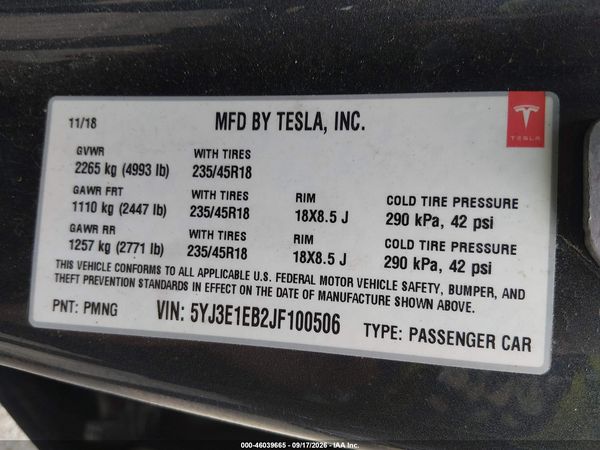 2018 TESLA MODEL 3 LONG RANGE/PERFORMANCE — I9