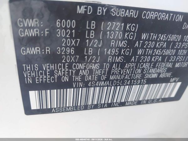 2020 SUBARU ASCENT LIMITED