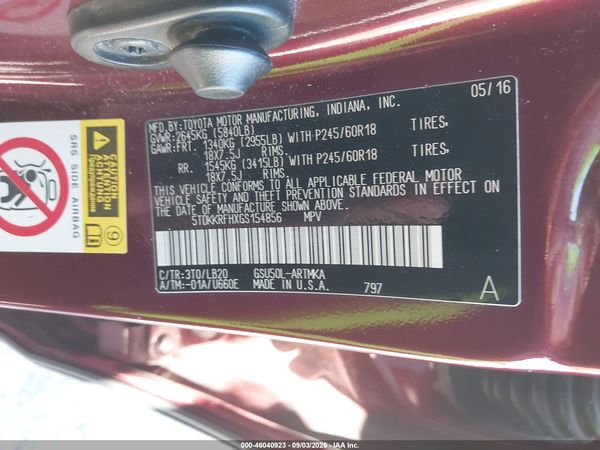 2016 TOYOTA HIGHLANDER XLE V6 — I9