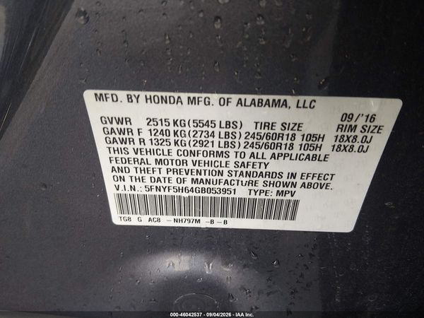 2016 HONDA PILOT EX-L — I9