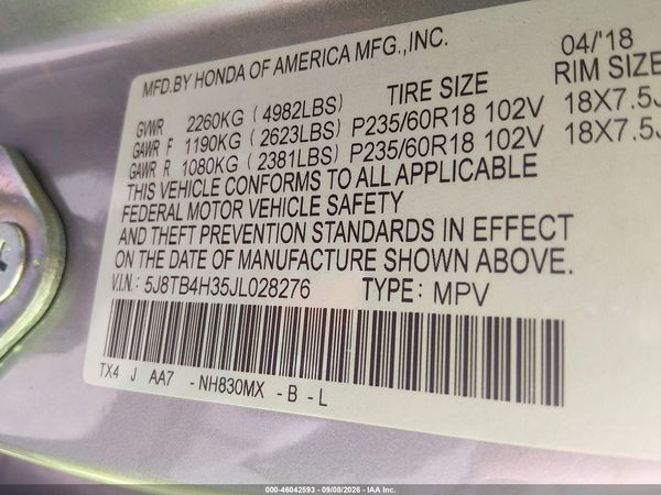 2018 ACURA RDX ACURAWATCH PLUS PACKAGE — I9