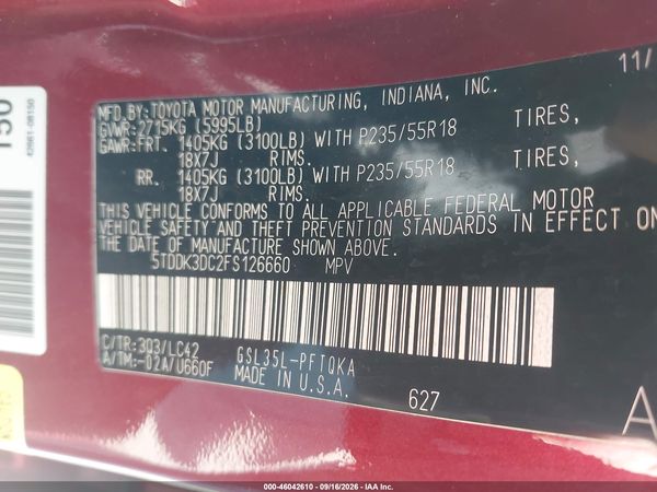 2015 TOYOTA SIENNA XLE 7 PASSENGER — I9