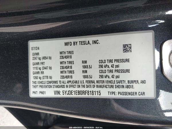 2024 TESLA MODEL 3 — I9
