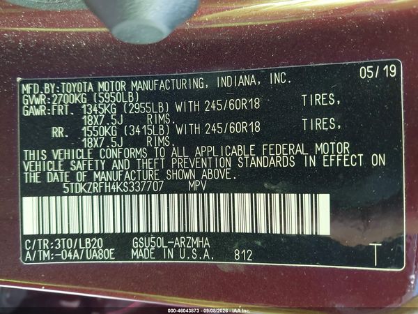 2019 TOYOTA HIGHLANDER XLE
