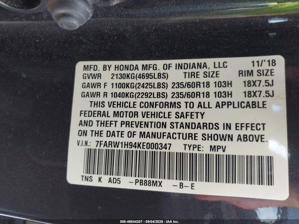 2019 HONDA CR-V TOURING — I9