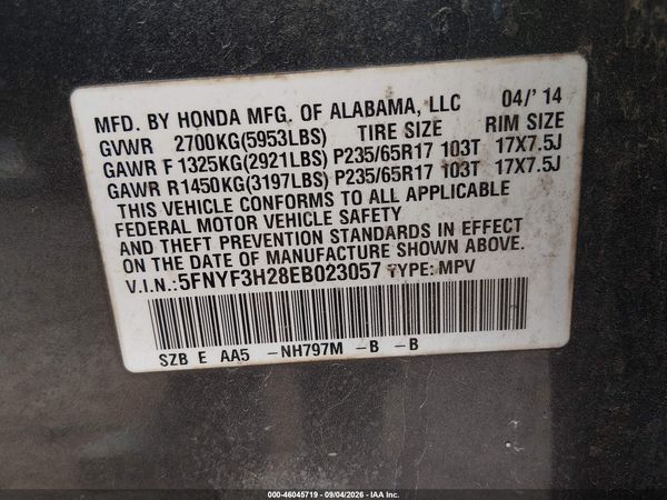 2014 HONDA PILOT LX — I9