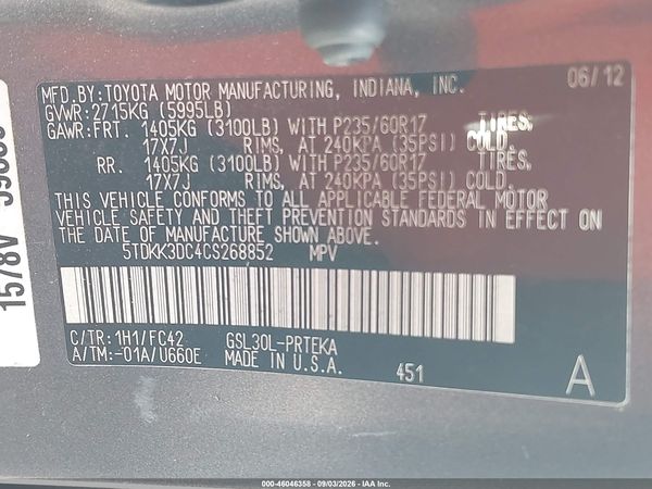 2012 TOYOTA SIENNA LE V6 8 PASSENGER