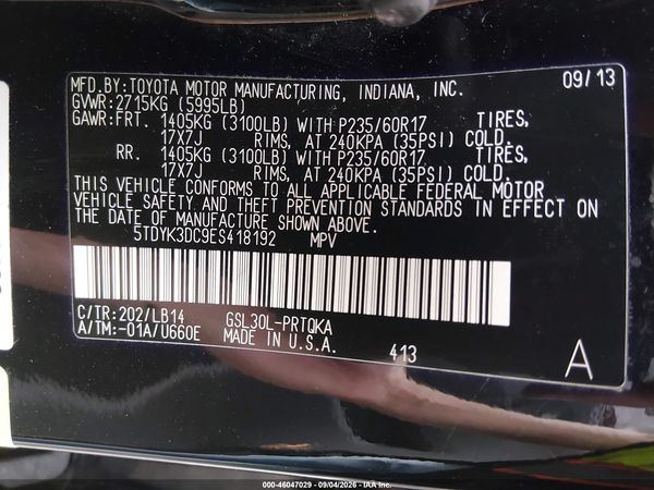 2014 TOYOTA SIENNA XLE V6 8 PASSENGER — I9