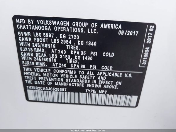2018 VOLKSWAGEN ATLAS 3.6L V6 SE — I9