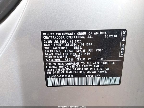 2018 VOLKSWAGEN ATLAS 3.6L V6 SE — I9