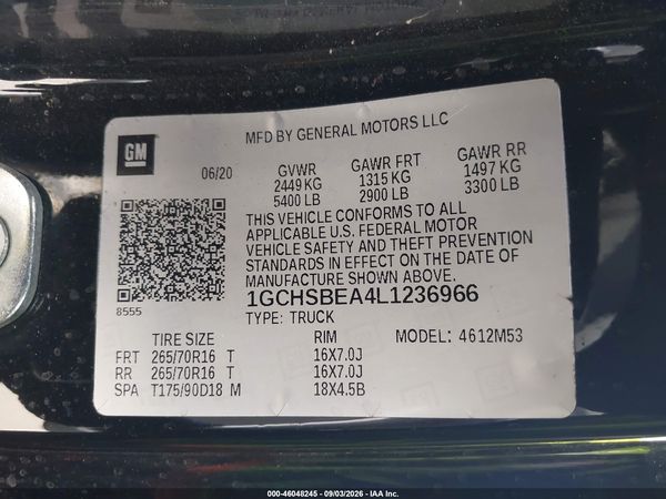 2020 CHEVROLET COLORADO 2WD  LONG BOX WT — I9