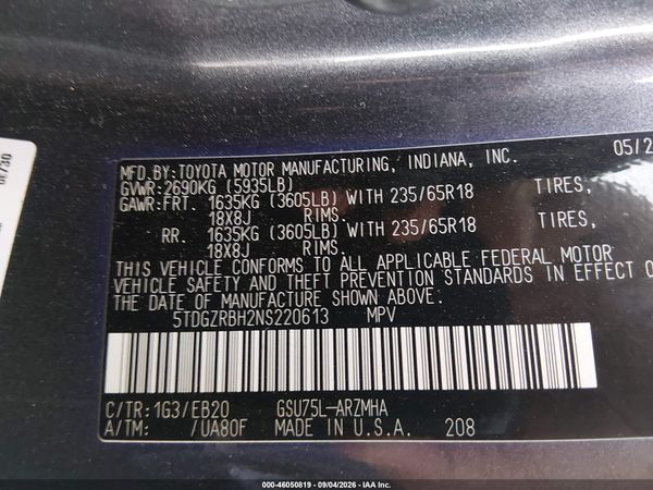 2022 TOYOTA HIGHLANDER XLE — I9