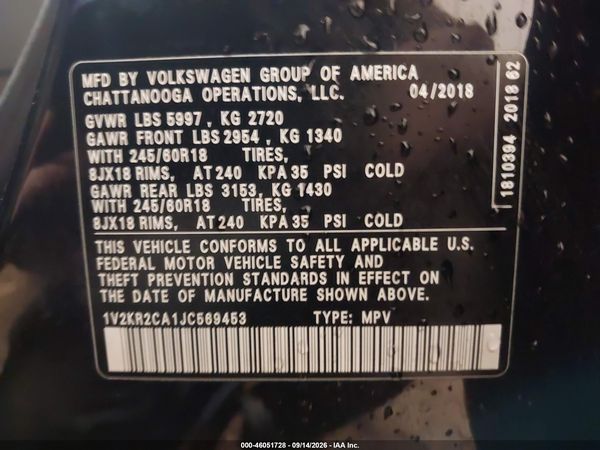 2018 VOLKSWAGEN ATLAS 3.6L V6 SE — I9