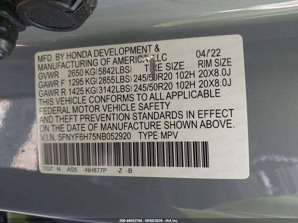 2022 HONDA PILOT AWD BLACK EDITION — I9