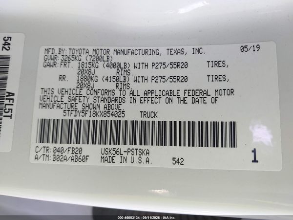 2019 TOYOTA TUNDRA SR5 5.7L V8 — I9
