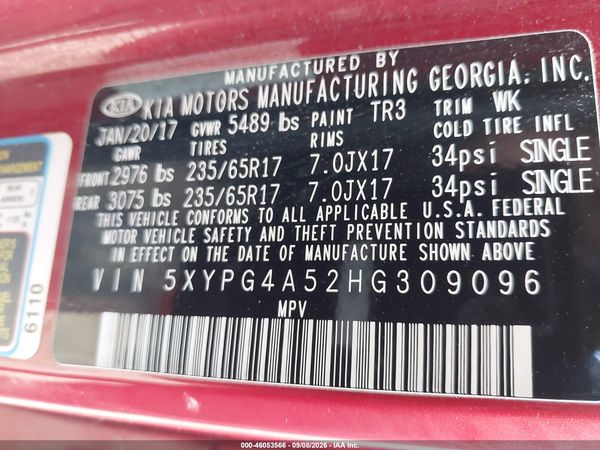 2017 KIA SORENTO 3.3L LX — I9