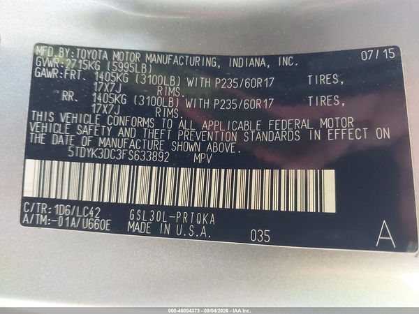 2015 TOYOTA SIENNA XLE PREMIUM 8 PASSENGER
