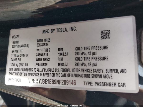2022 TESLA MODEL 3 — I9