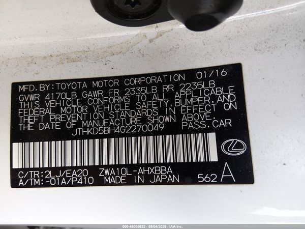 2016 LEXUS CT 200H — I9