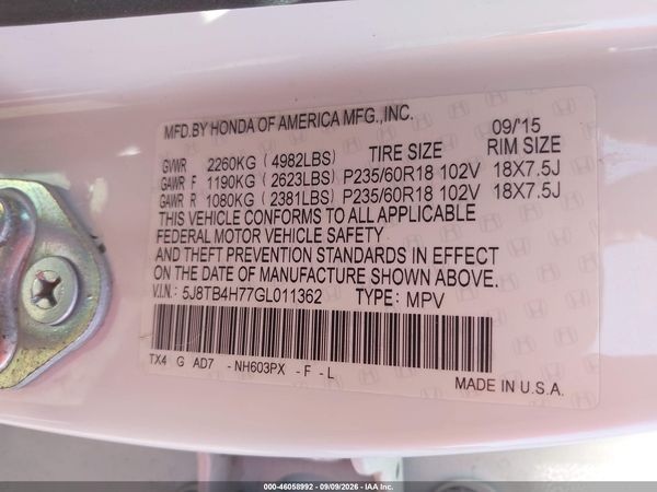 2016 ACURA RDX ADVANCE PACKAGE — I9
