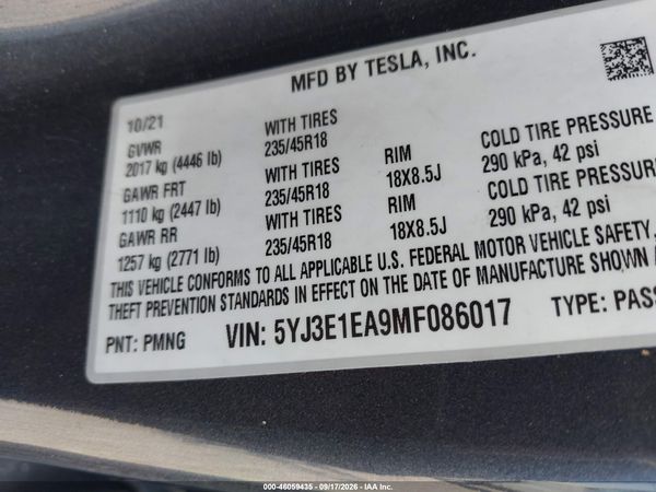 2021 TESLA MODEL 3 — I9