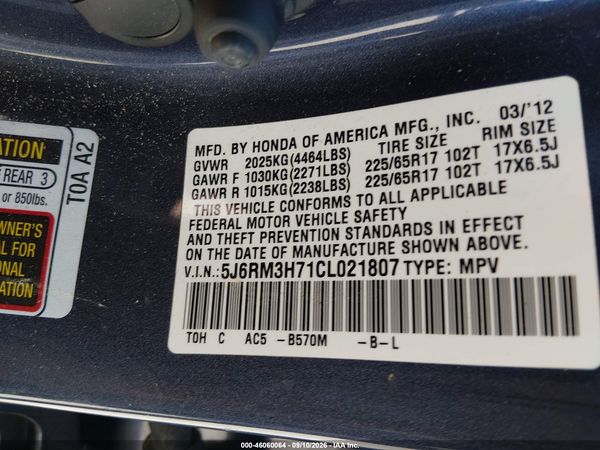 2012 HONDA CR-V EX-L — I9
