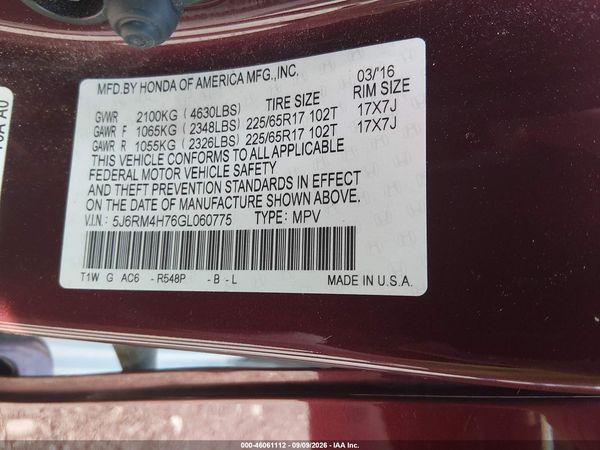 2016 HONDA CR-V EX-L — I9