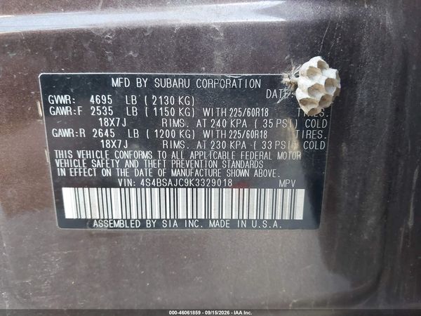 2019 SUBARU OUTBACK 2.5I LIMITED — I9